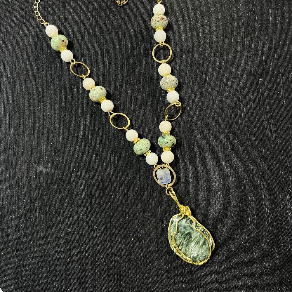 Nephrite Jade 1 1/2" cabochon ocean jasper beads gold wire pendant 20" earrings - Picture 3 of 5